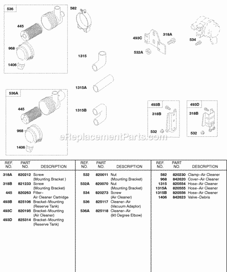 Air Cleaner Reserve Tank Radiator Brackets Diagram and Parts List for 588447-0223-E2  Briggs and Stratton Engine